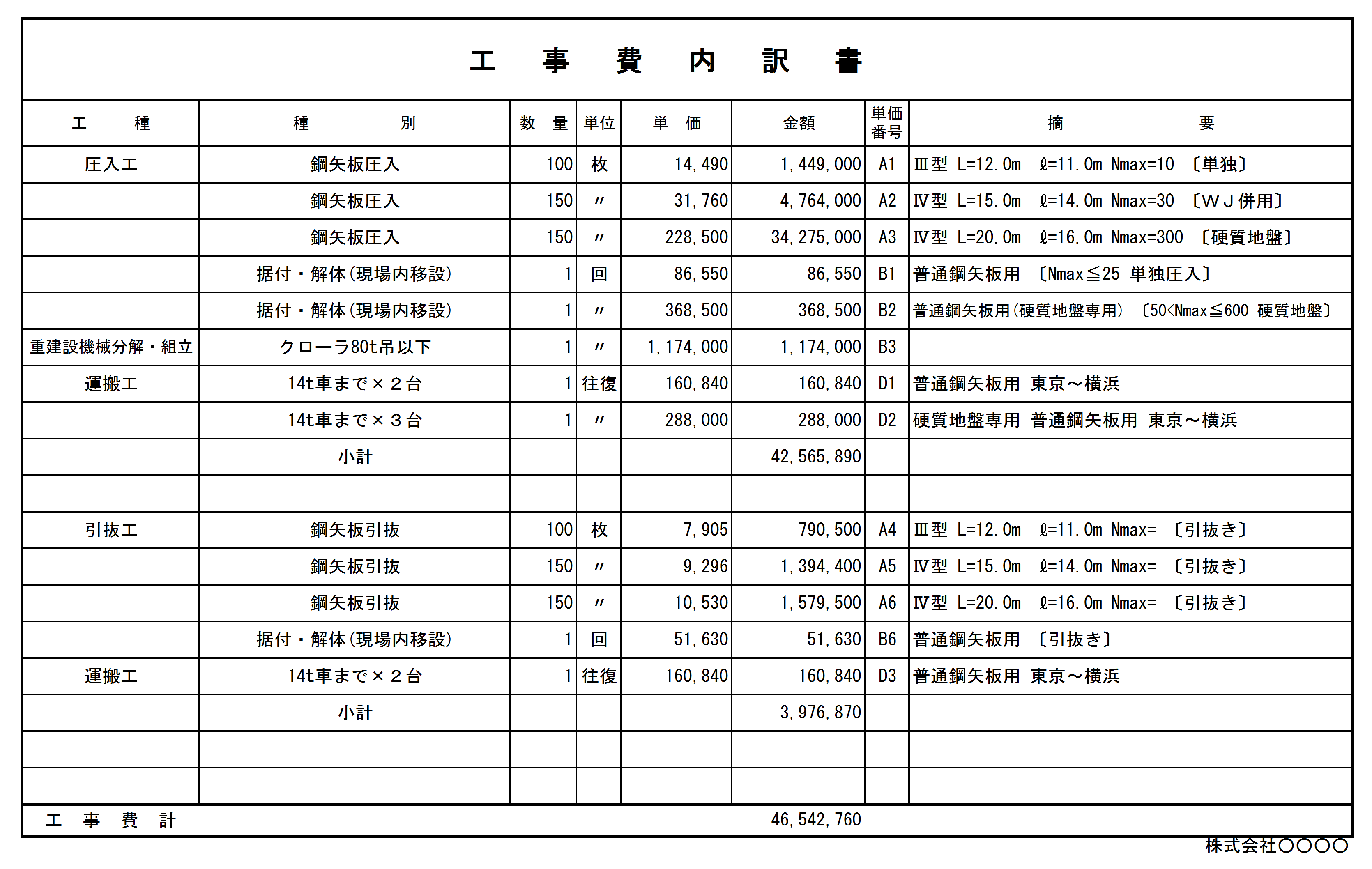 圧入工法積算ソフト:出力データ参考