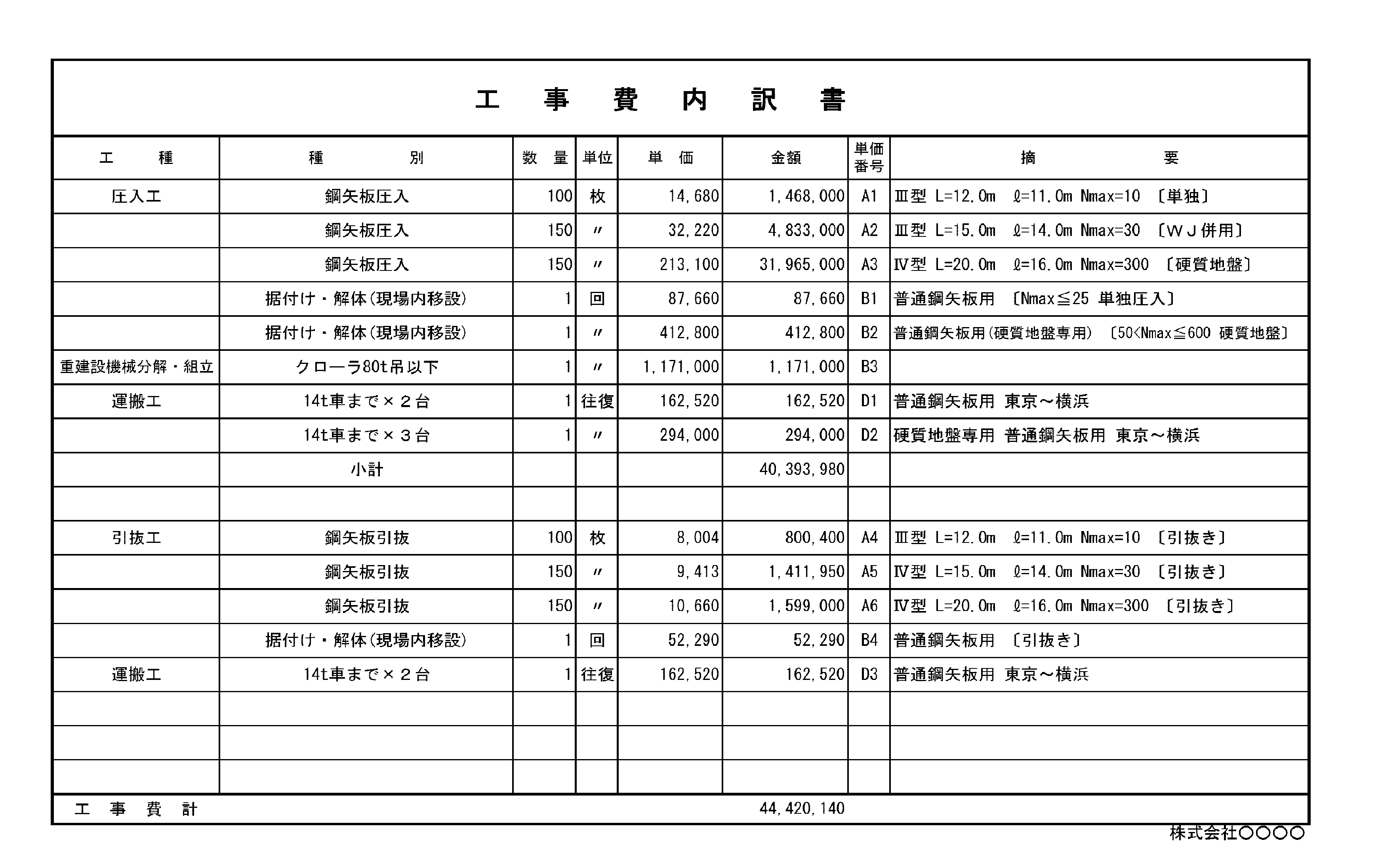 圧入工法積算ソフト:出力データ参考